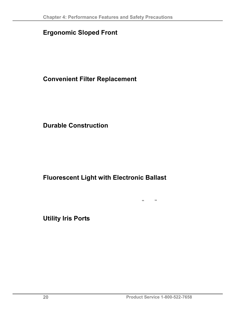 Ergonomic sloped front, Convenient filter replacement, Durable construction | Fluorescent light with electronic ballast, Utility iris ports | Labconco Paramoun Ductless Enclosures 69636 Series, 6' Widths User Manual | Page 25 / 80