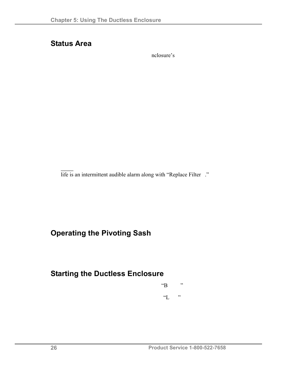 Status area, Operating the pivoting sash, Starting the ductless enclosure | Labconco Paramoun Ductless Enclosures 69636 Series, 6' Widths User Manual | Page 31 / 80