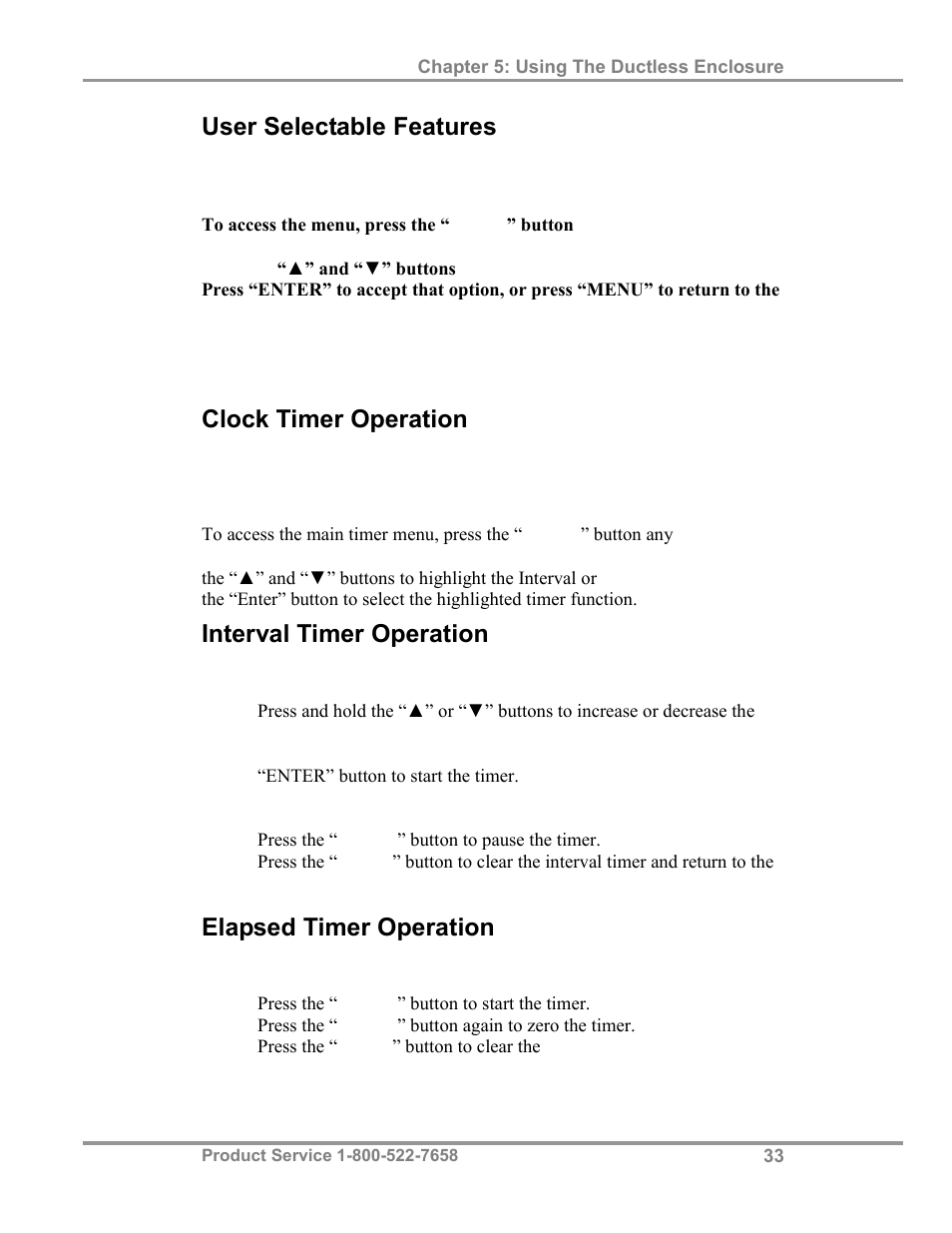 User selectable features, Clock timer operation, Interval timer operation | Elapsed timer operation | Labconco Paramoun Ductless Enclosures 69636 Series, 6' Widths User Manual | Page 38 / 80