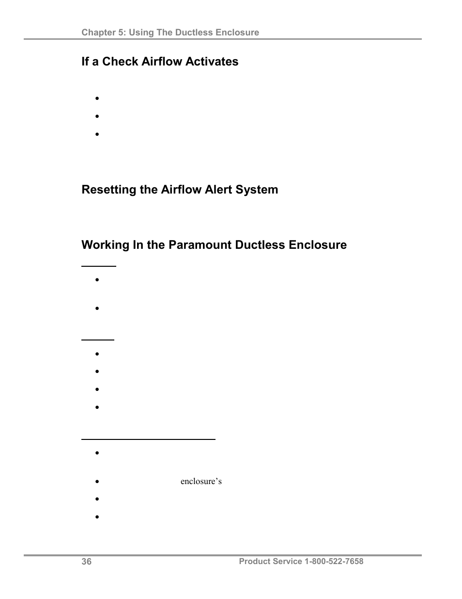 If a check airflow activates, Resetting the airflow alert system, Working in the paramount ductless enclosure | Labconco Paramoun Ductless Enclosures 69636 Series, 6' Widths User Manual | Page 41 / 80