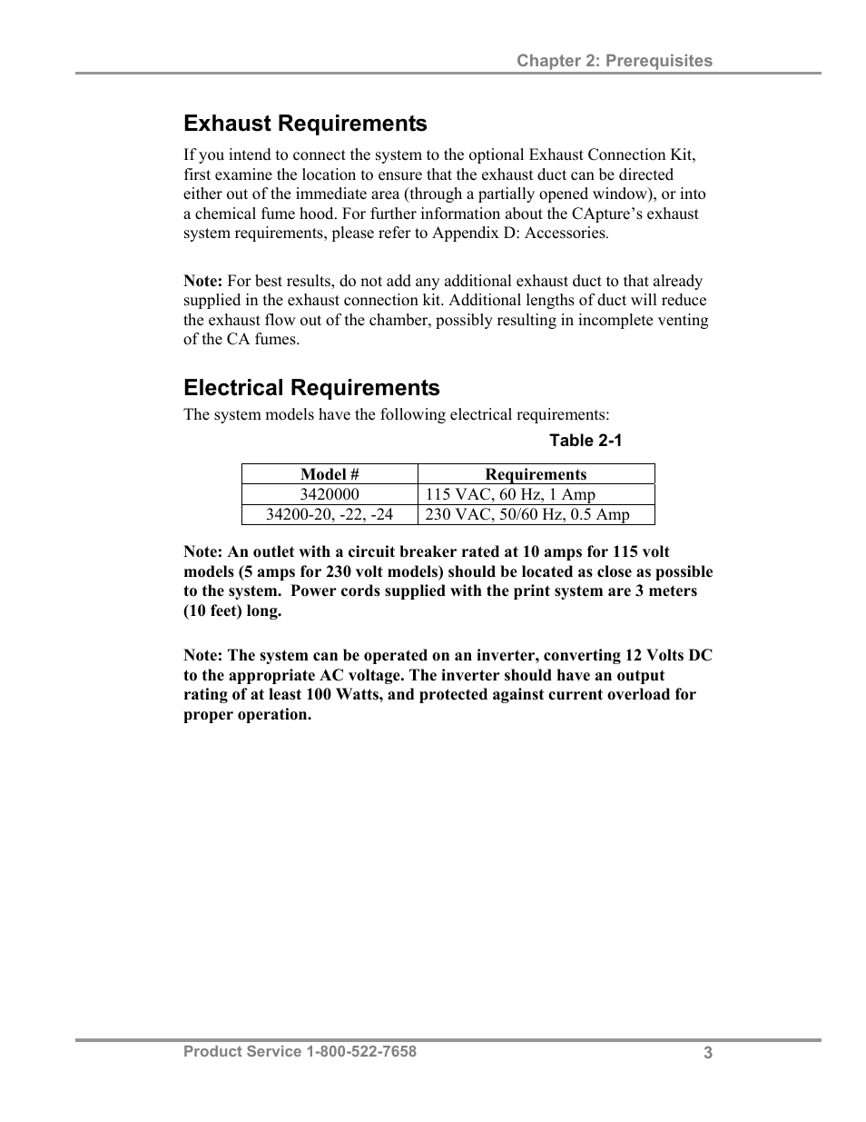 Exhaust requirements, Electrical requirements | Labconco CAptureTMPortable Fuming System 3420024 User Manual | Page 7 / 29