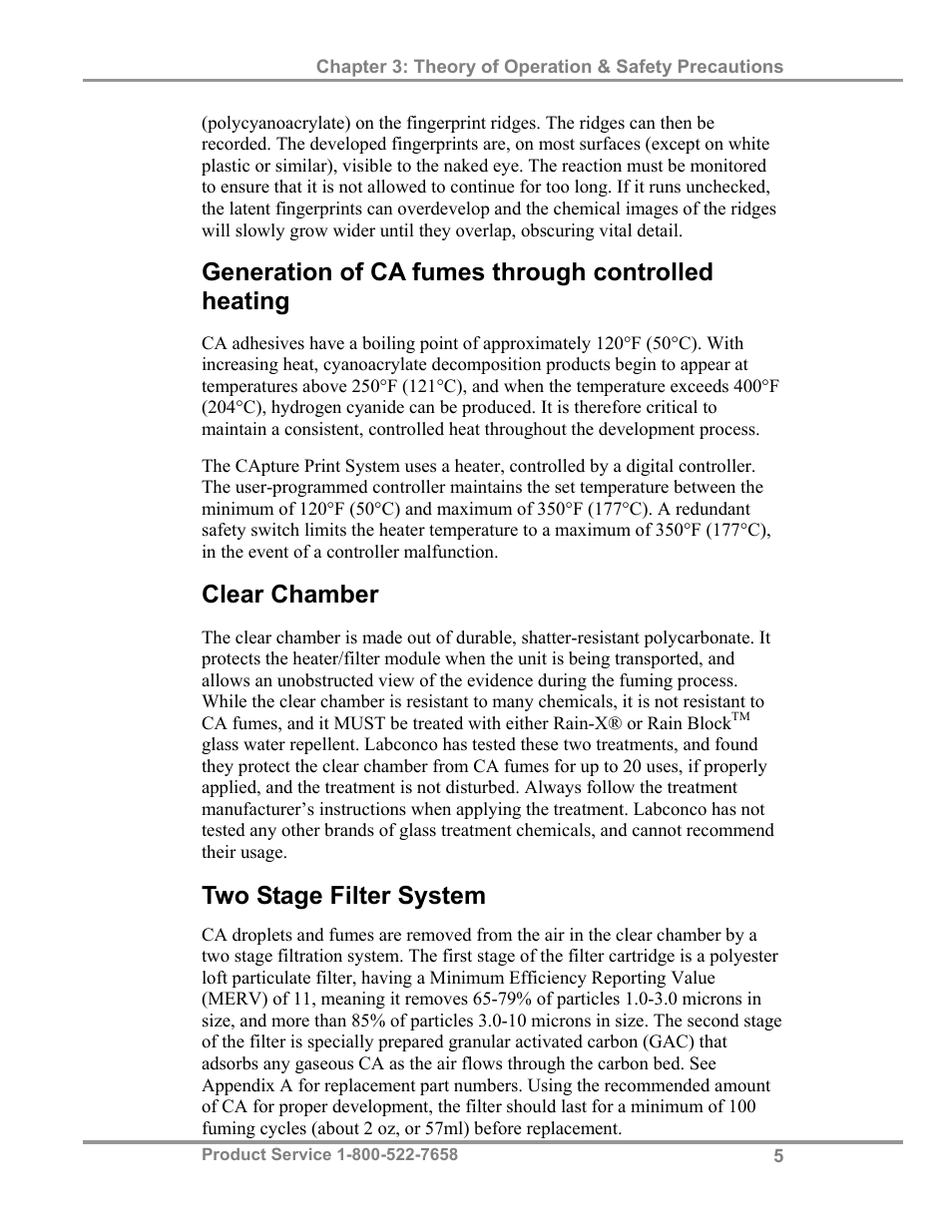 Generation of ca fumes through controlled heating, Clear chamber, Two stage filter system | Labconco CAptureTMPortable Fuming System 3420024 User Manual | Page 9 / 29