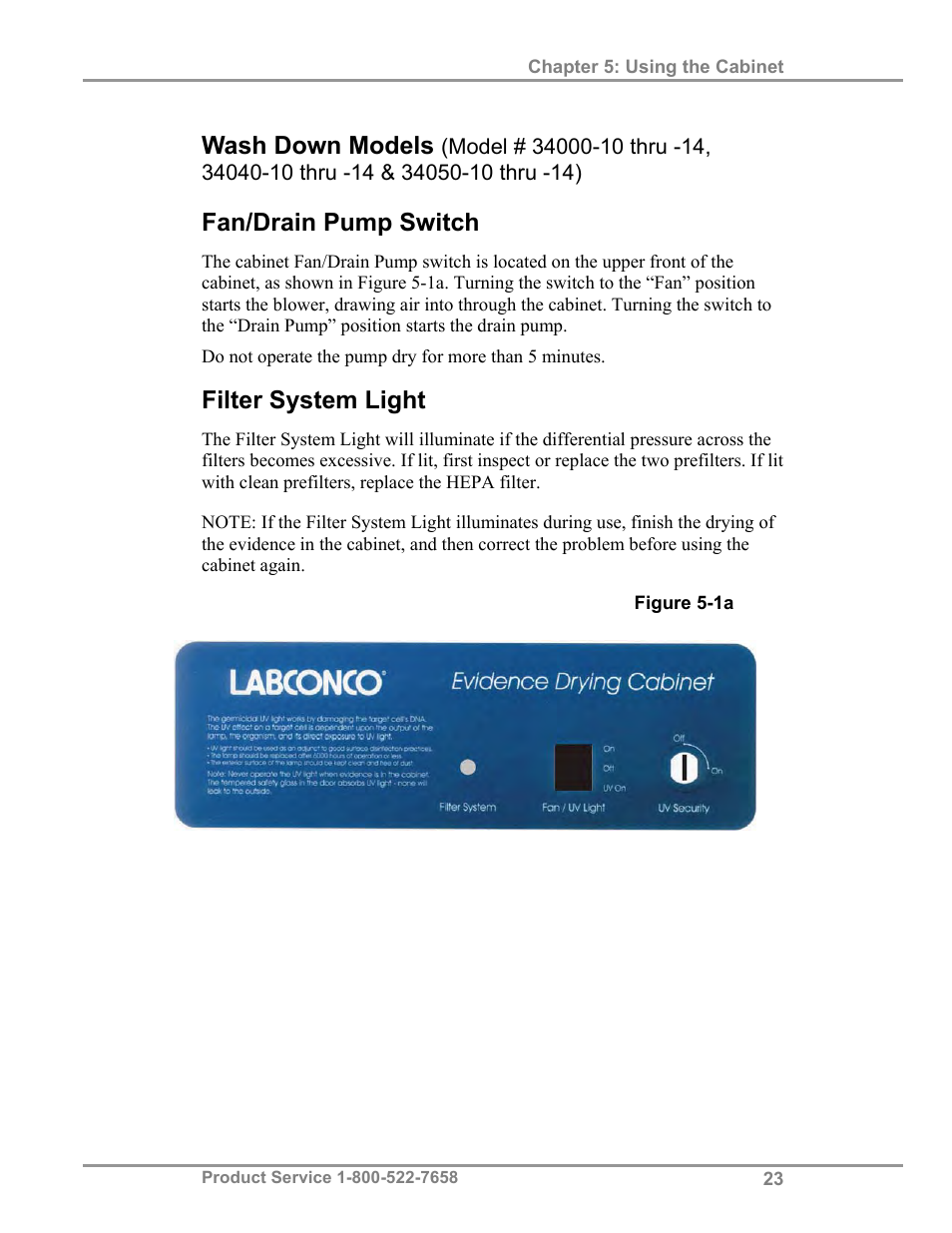 Wash down models, Fan/drain pump switch, Filter system light | Labconco Protecto Series Evidence Drying Cabinets 3400004 User Manual | Page 27 / 43