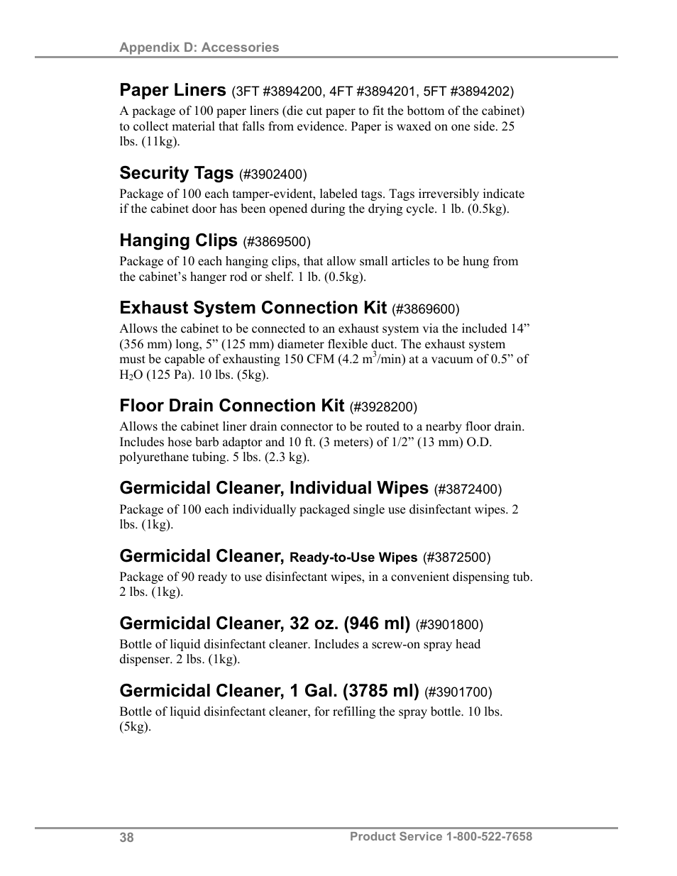 Paper liners, Security tags, Hanging clips | Exhaust system connection kit, Floor drain connection kit, Germicidal cleaner, individual wipes, Germicidal cleaner | Labconco Protecto Series Evidence Drying Cabinets 3400004 User Manual | Page 42 / 43