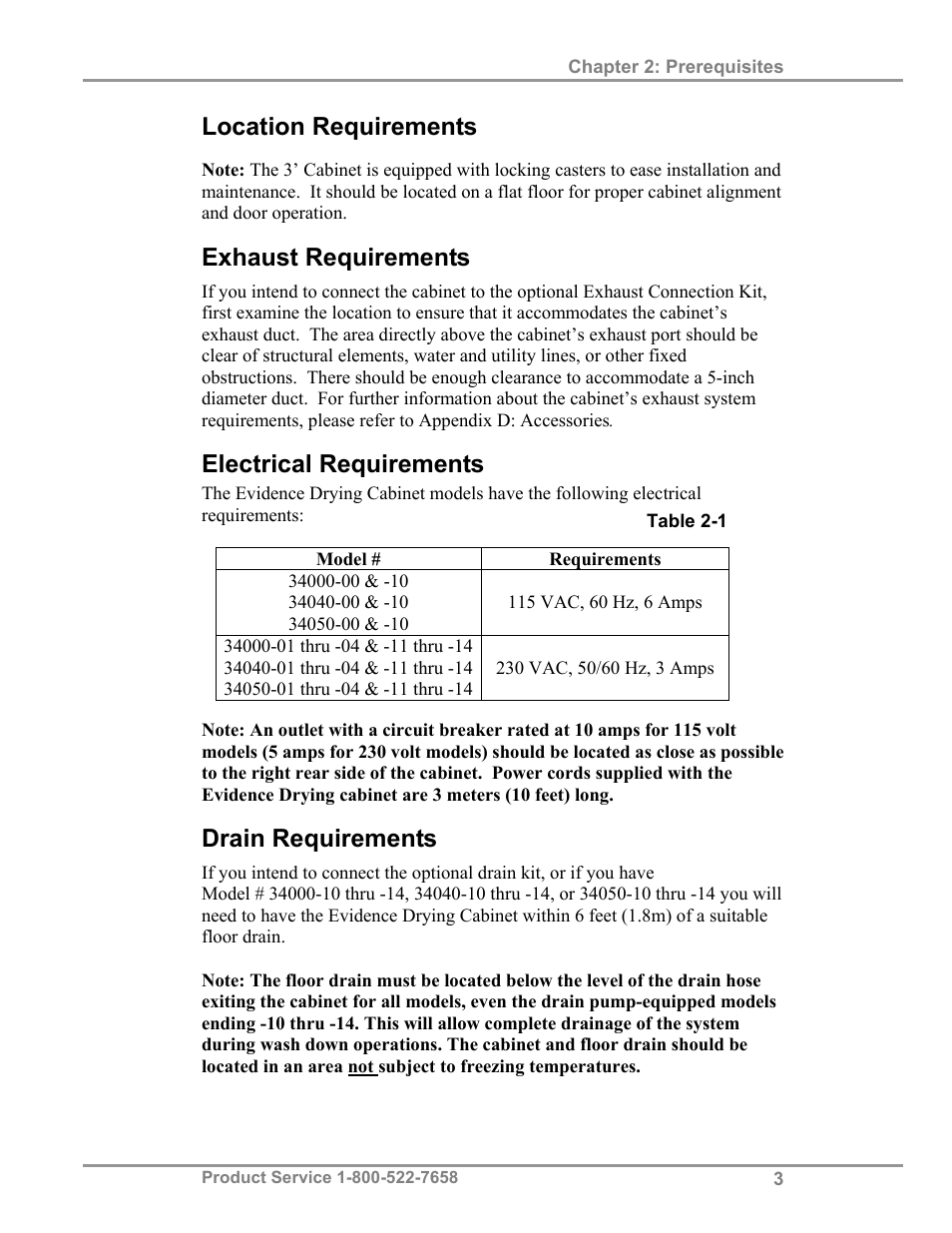 Location requirements, Exhaust requirements, Electrical requirements | Drain requirements | Labconco Protecto Series Evidence Drying Cabinets 3400004 User Manual | Page 7 / 43