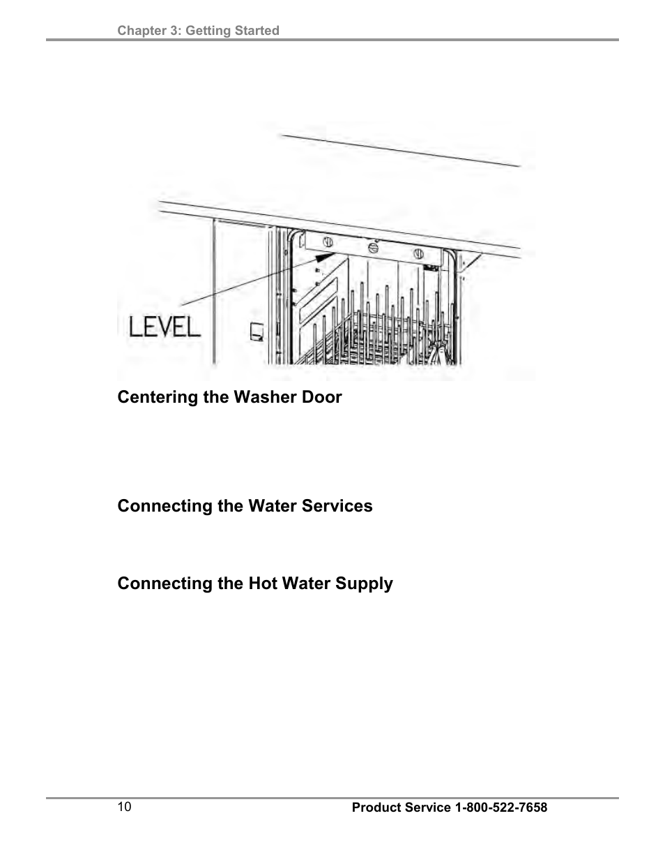 Centering the washer door, Connecting the water services, Connecting the hot water supply | Labconco FlaskScrubber Vantage Series Glassware Washers 4540031 User Manual | Page 14 / 74