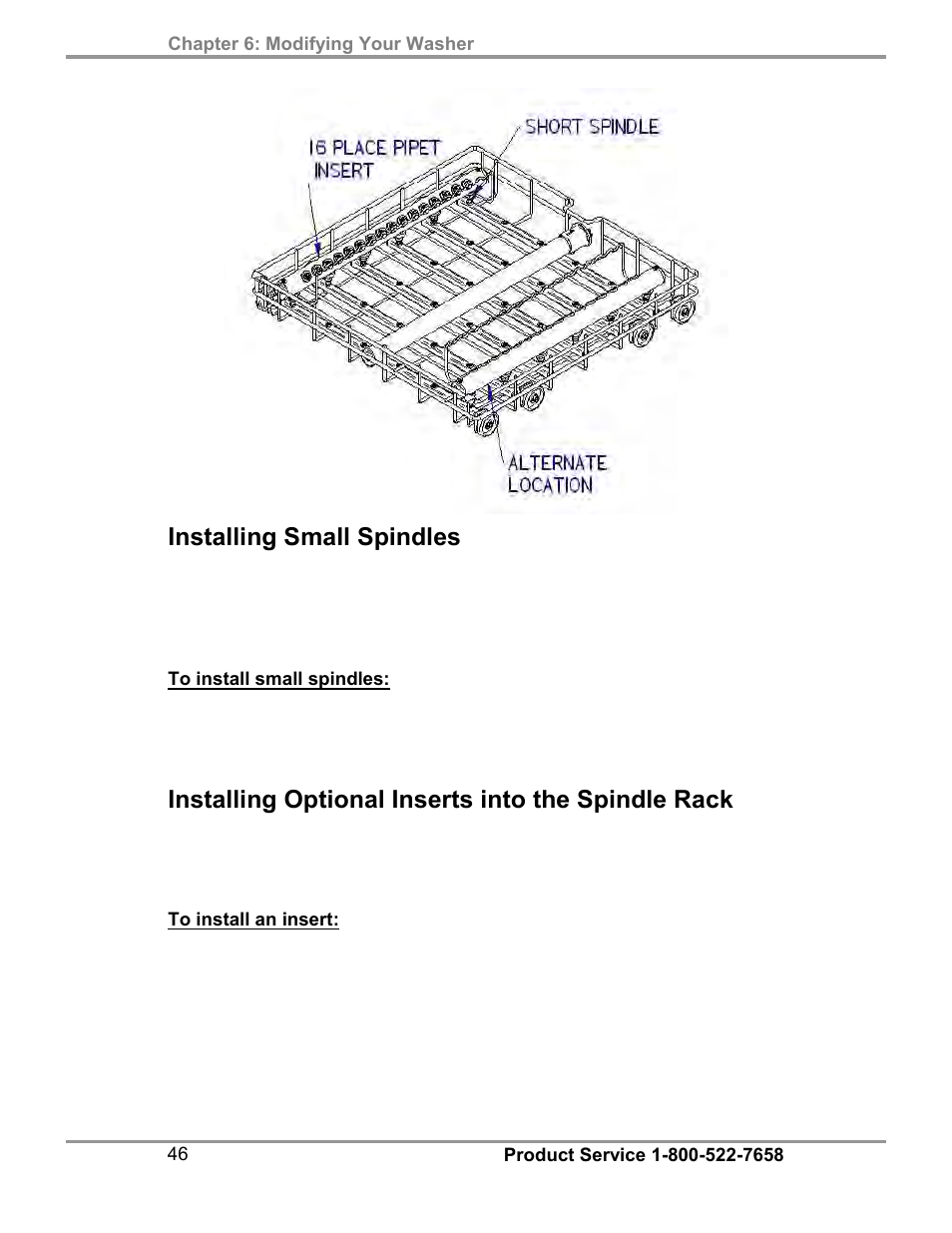 Installing small spindles, Installing optional inserts into the spindle rack | Labconco FlaskScrubber Vantage Series Glassware Washers 4540031 User Manual | Page 50 / 74