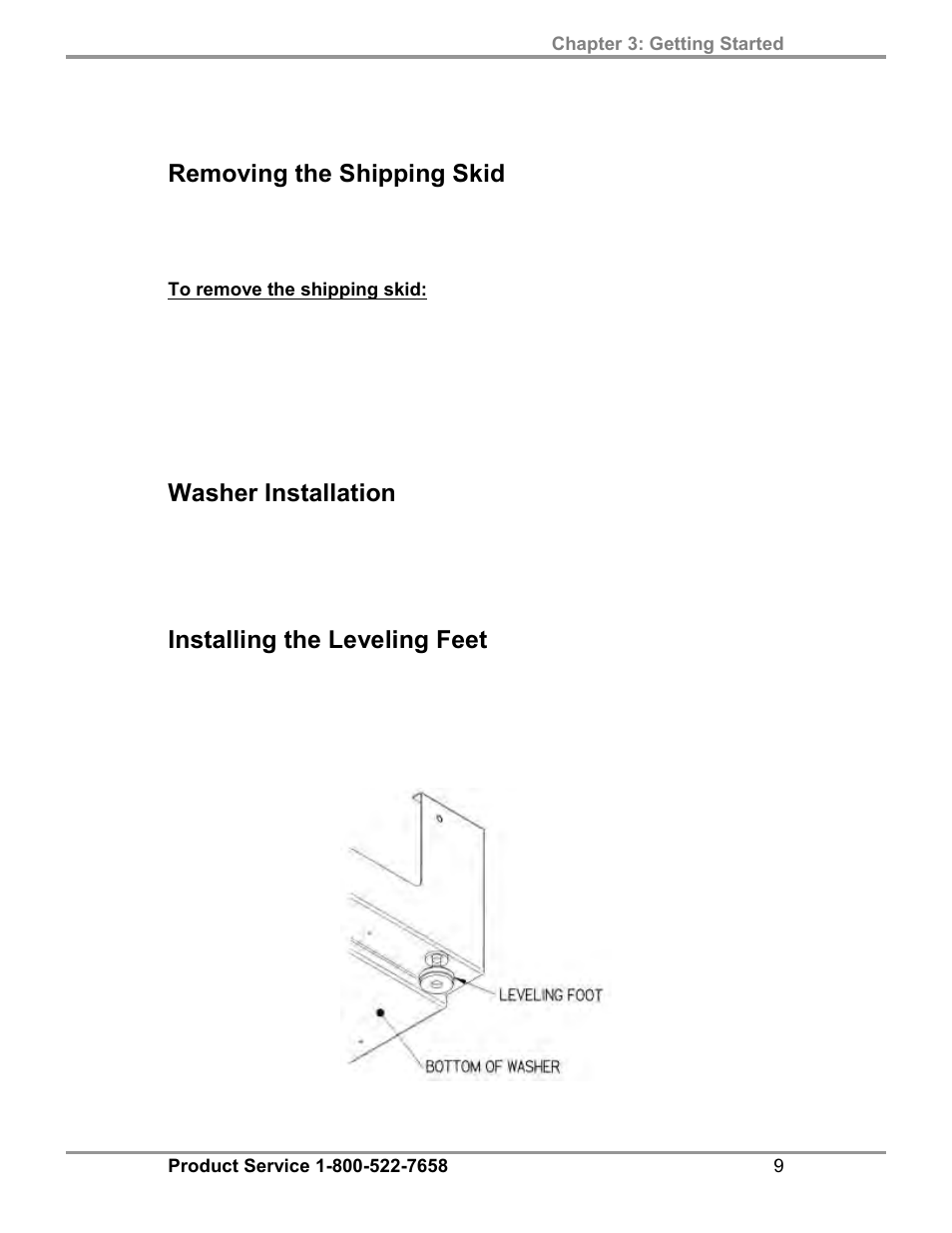 Removing the shipping skid, Washer installation, Installing the leveling feet | Labconco SteamScrubbe & FlaskScrubbe Glassware Washers 45781 Series User Manual | Page 13 / 71