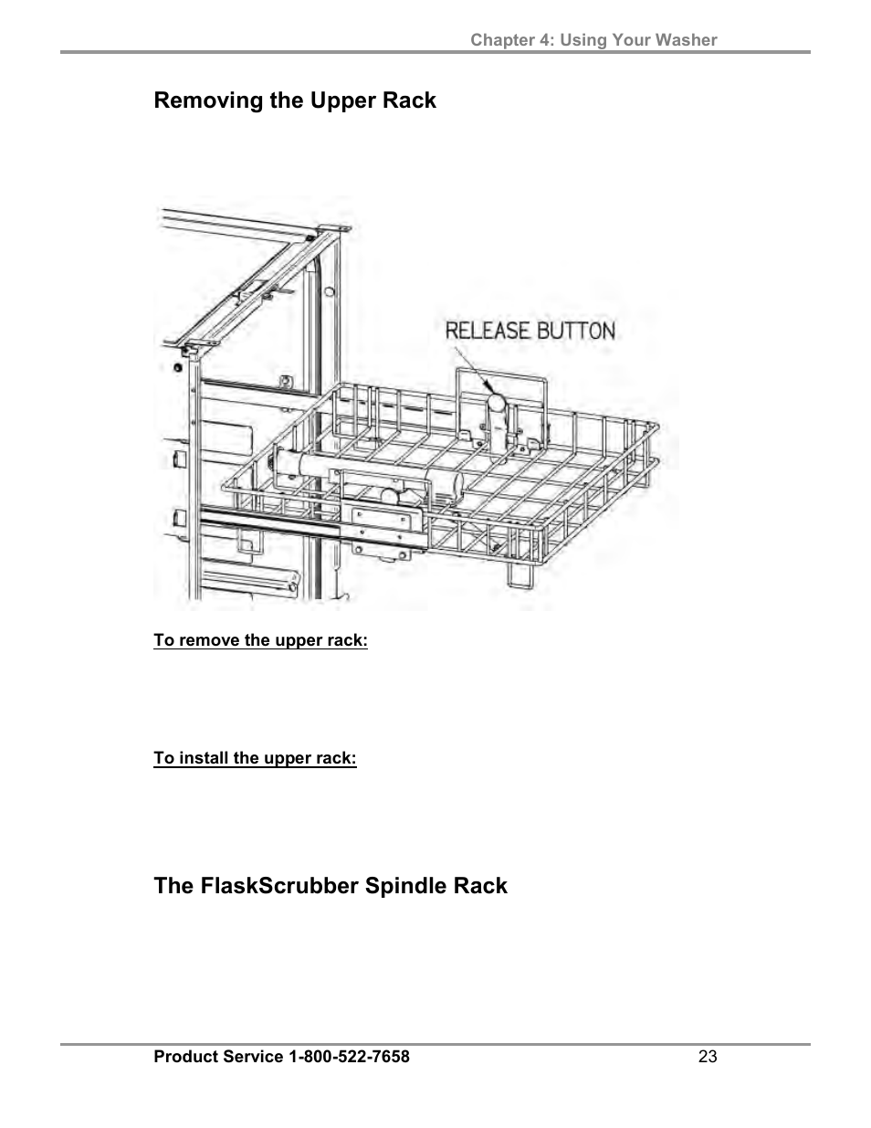 Removing the upper rack, The flaskscrubber spindle rack | Labconco SteamScrubbe & FlaskScrubbe Glassware Washers 45781 Series User Manual | Page 27 / 71