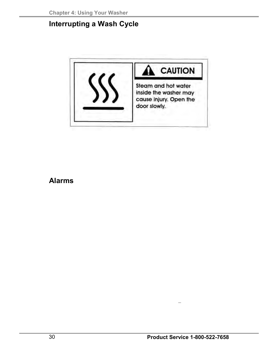 Interrupting a wash cycle, Alarms | Labconco SteamScrubbe & FlaskScrubbe Glassware Washers 45781 Series User Manual | Page 34 / 71