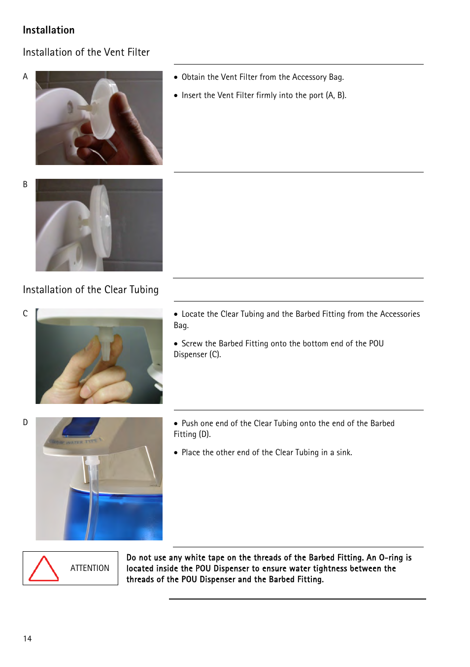 Installation of the vent filter, Installation of the clear tubing, Ion installation of the | Vent filter, Installation | Labconco WaterPr BT Systems 90151 Series User Manual | Page 22 / 74