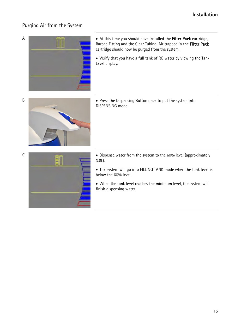Purging air from the system, Installation | Labconco WaterPr BT Systems 90151 Series User Manual | Page 23 / 74