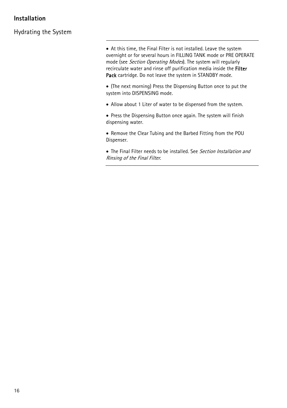 Hydrating the system, Installation | Labconco WaterPr BT Systems 90151 Series User Manual | Page 24 / 74