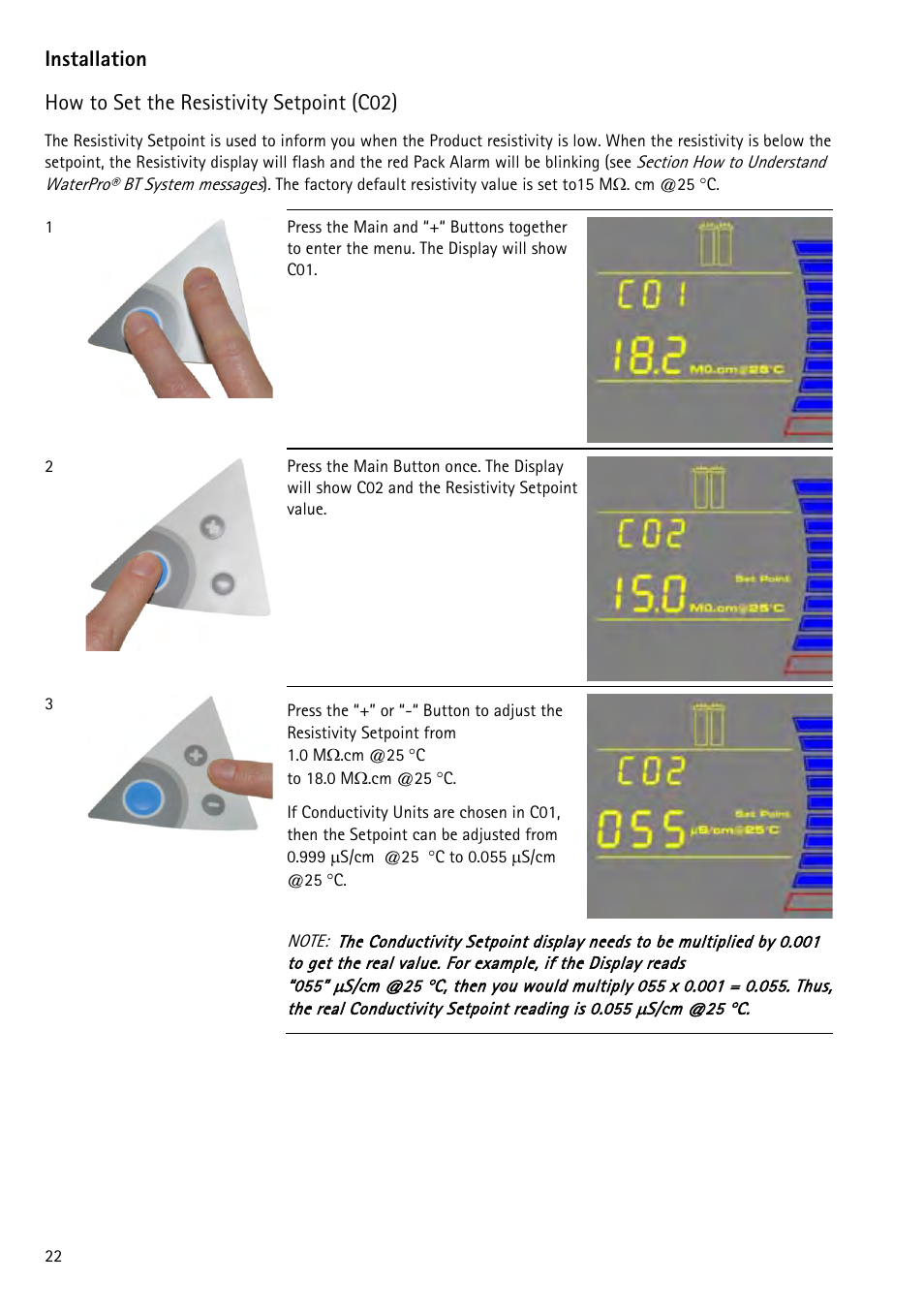 How to set the resistivity setpoint (c02), Installation | Labconco WaterPr BT Systems 90151 Series User Manual | Page 30 / 74