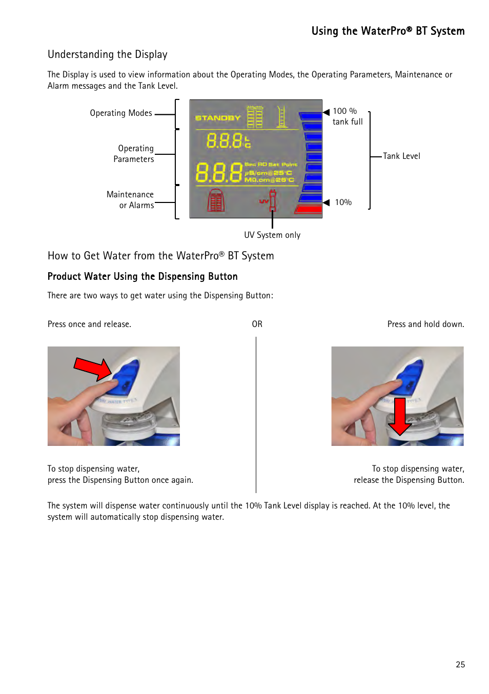 Understanding the display, How to get water from the waterpro® bt system, N understanding the display) | Labconco WaterPr BT Systems 90151 Series User Manual | Page 33 / 74