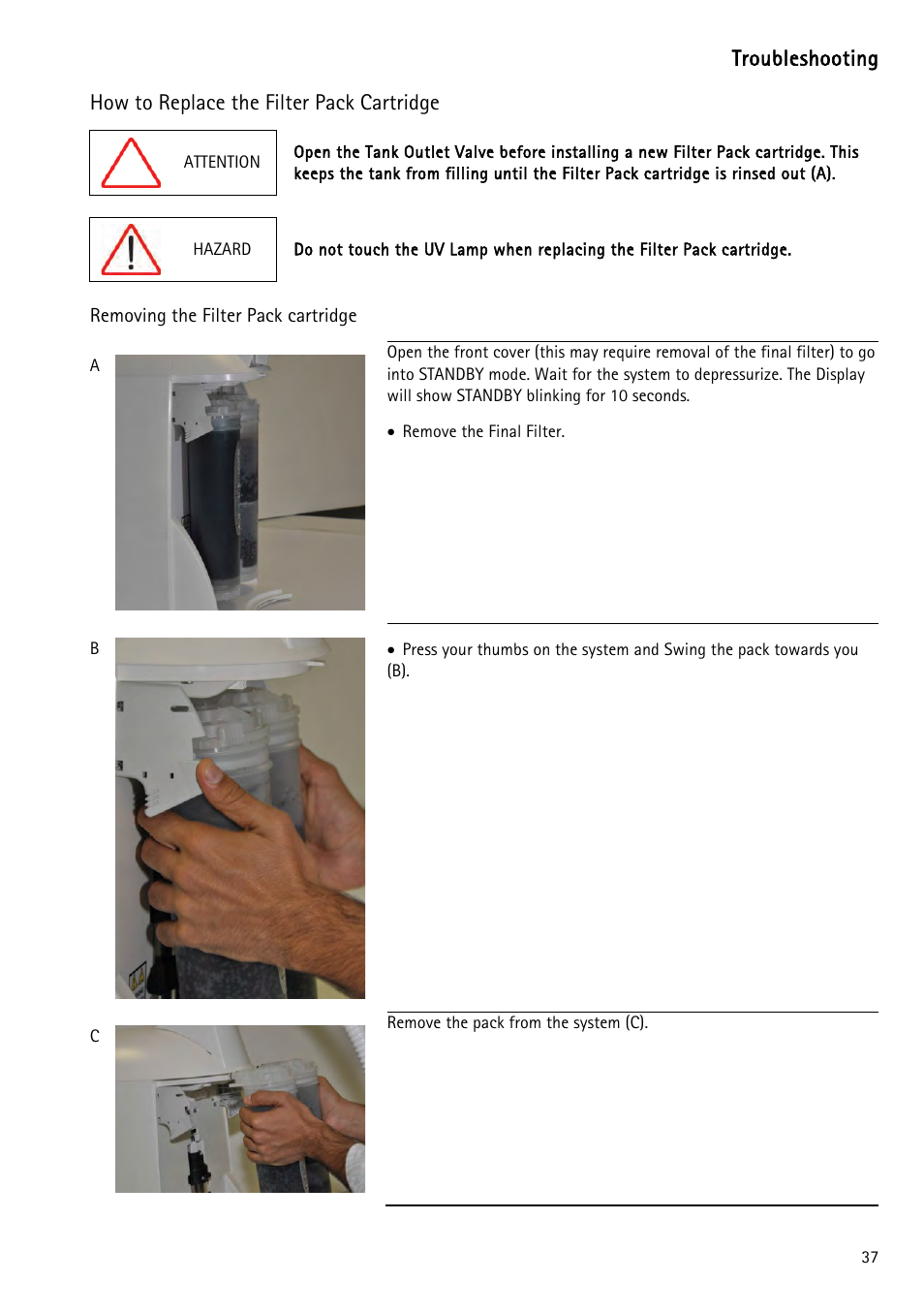 How to replace the filter pack cartridge, Ion how to replace the filter pack cartridge, Troubleshooting | Labconco WaterPr BT Systems 90151 Series User Manual | Page 45 / 74