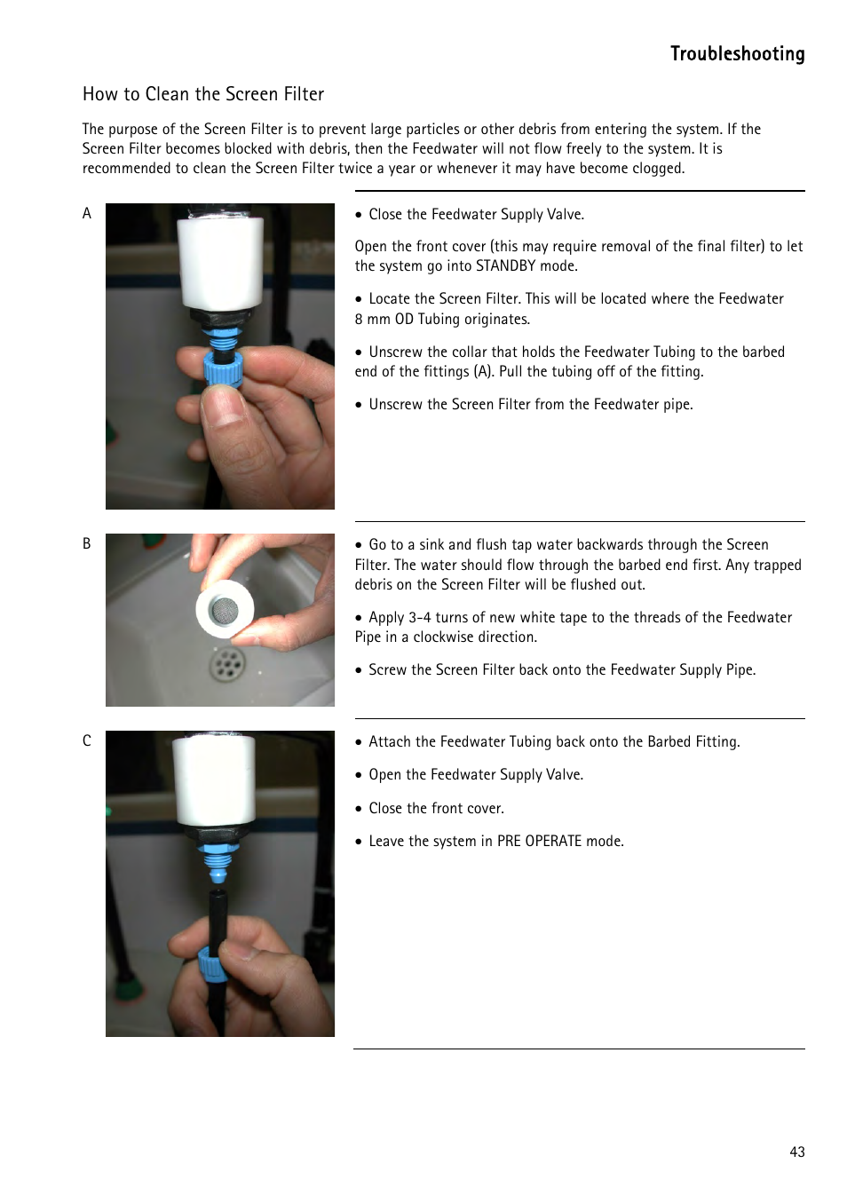 How to clean the screen filter, Troubleshooting | Labconco WaterPr BT Systems 90151 Series User Manual | Page 51 / 74