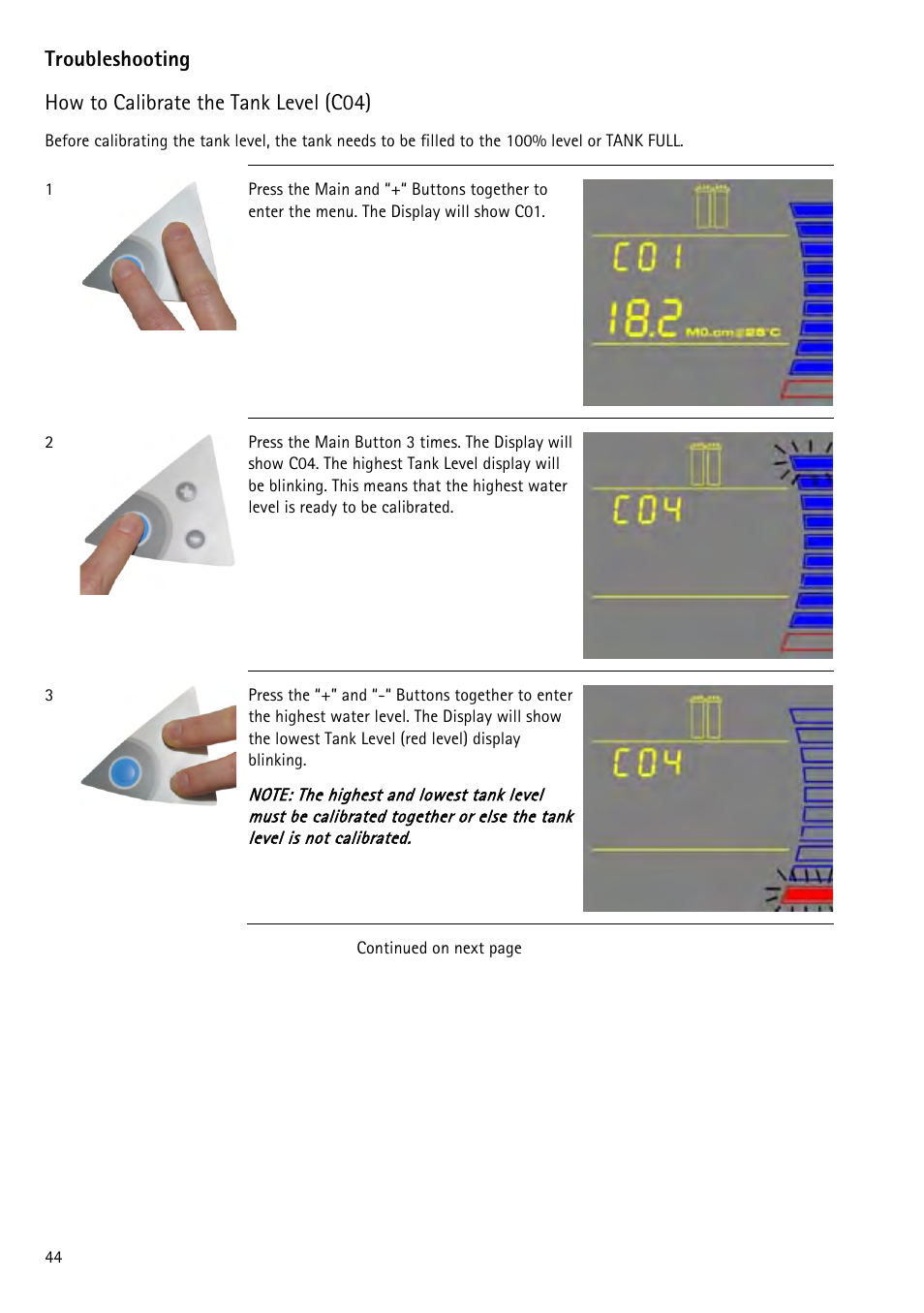 How to calibrate the tank level (c04), Ion how to calibrate the tank level (c04) | Labconco WaterPr BT Systems 90151 Series User Manual | Page 52 / 74