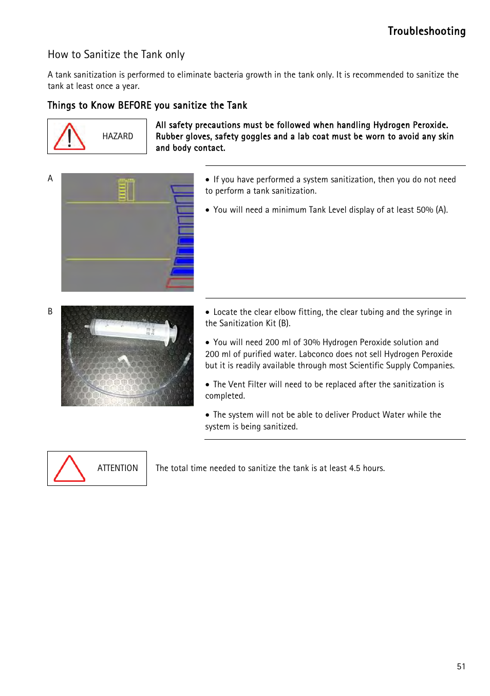 How to sanitize the tank only, Troubleshooting | Labconco WaterPr BT Systems 90151 Series User Manual | Page 59 / 74