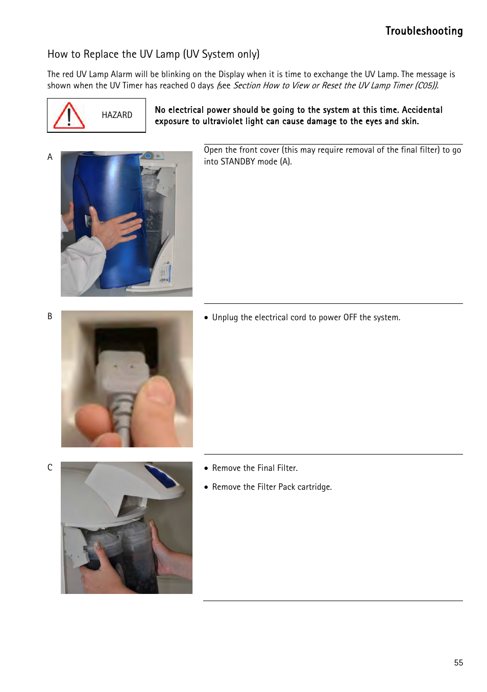 How to replace the uv lamp (uv system only), S how, To replace the uv lamp (uv system only) a | Labconco WaterPr BT Systems 90151 Series User Manual | Page 63 / 74