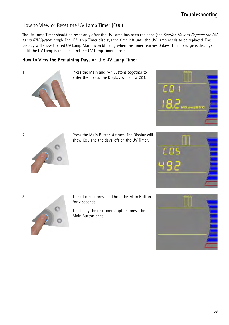 How to view or reset the uv lamp timer (c05), Nd how to view or reset the uv lamp timer (c05), N how to view or reset the uv lamp | Timer (c05) | Labconco WaterPr BT Systems 90151 Series User Manual | Page 67 / 74