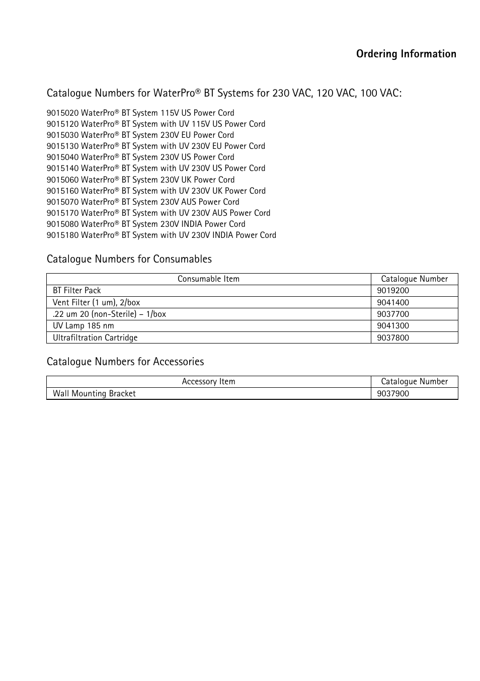 Ordering information, Catalogue numbers for consumables, Catalogue numbers for accessories | Labconco WaterPr BT Systems 90151 Series User Manual | Page 73 / 74