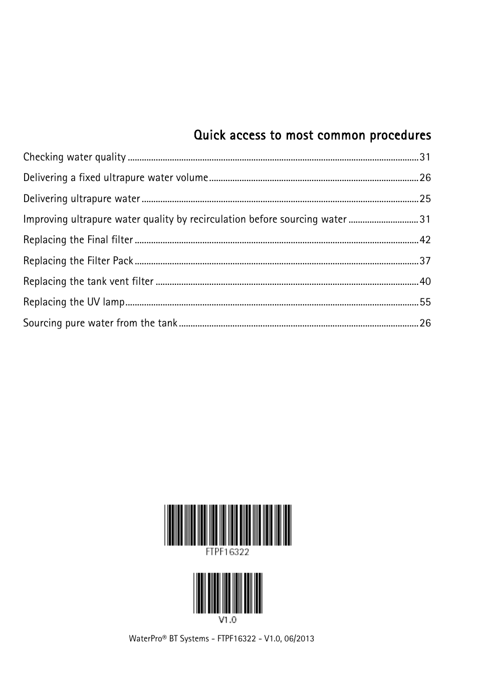 Quick access to most common procedures | Labconco WaterPr BT Systems 90151 Series User Manual | Page 74 / 74