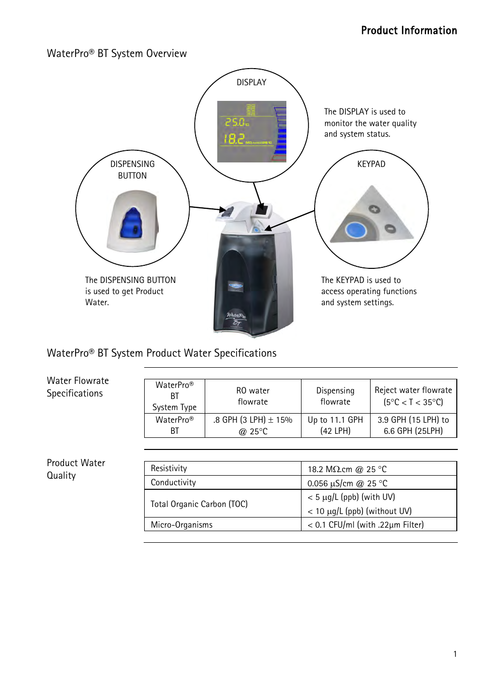 Waterpro® bt system overview, Waterpro® bt system product water specifications | Labconco WaterPr BT Systems 90151 Series User Manual | Page 9 / 74