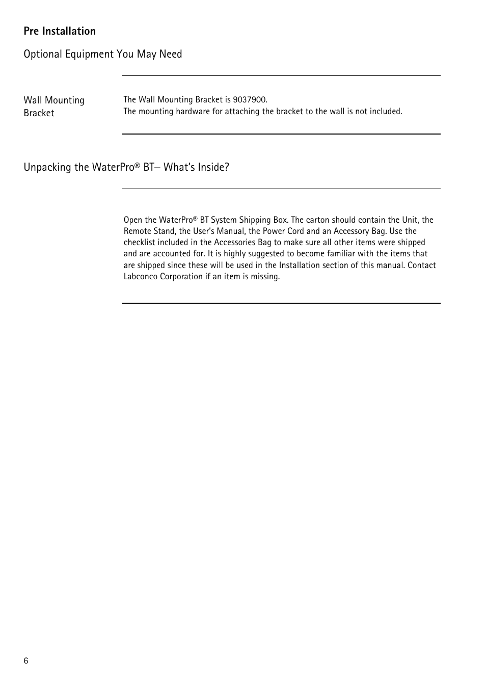 Wall mounting bracket, Optional equipment you may need, Unpacking the waterpro® bt− what’s inside | Labconco WaterPr BT Systems 90153 Series User Manual | Page 14 / 76