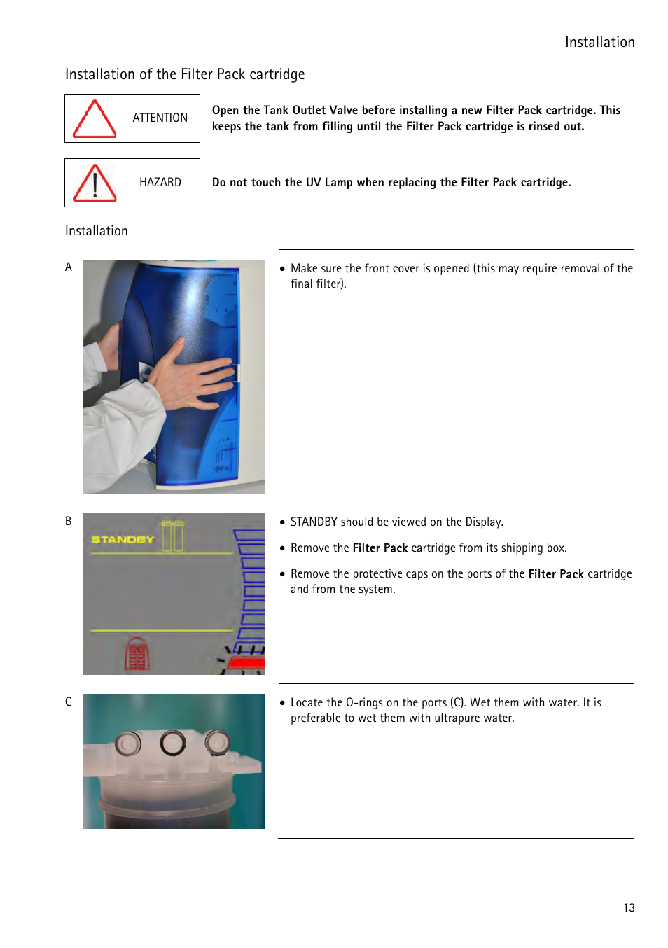 Installation of the filter pack cartridge | Labconco WaterPr BT Systems 90153 Series User Manual | Page 21 / 76