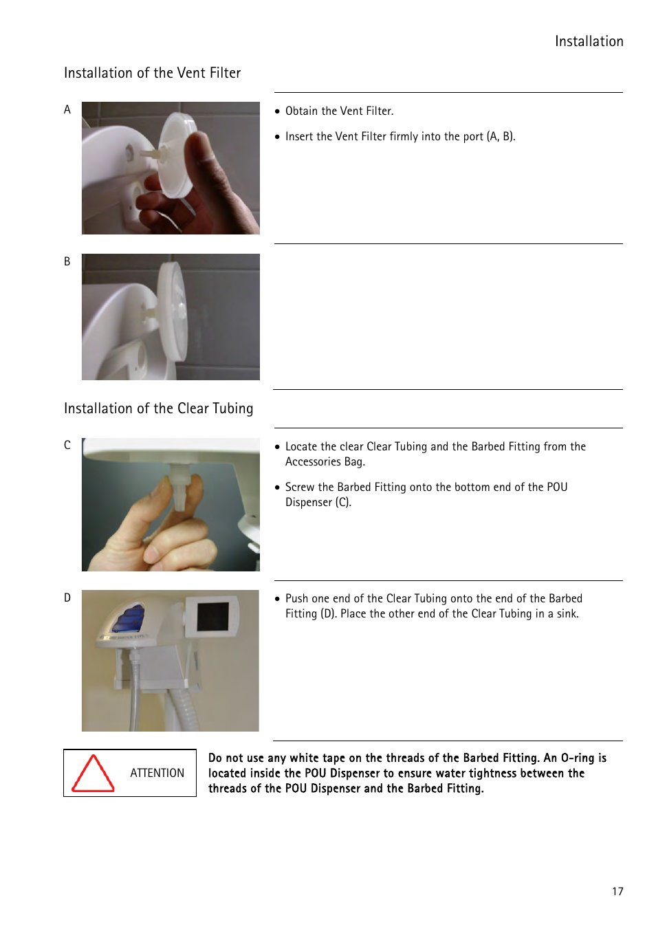 Installation of the vent filter, Installation of the clear tubing, Ion installation of the | Vent filter), Installation | Labconco WaterPr BT Systems 90153 Series User Manual | Page 25 / 76