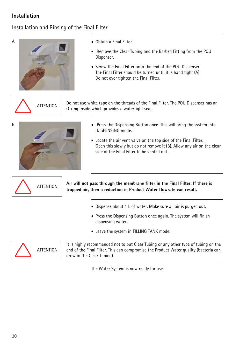 Installation and rinsing of the final filter, Ion installation and, Rinsing of the final filter | Installation | Labconco WaterPr BT Systems 90153 Series User Manual | Page 28 / 76