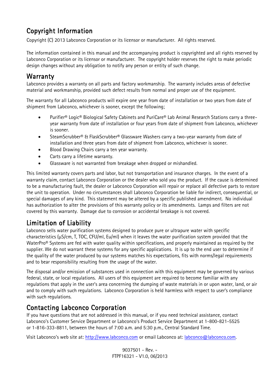 Copyright information, Warranty, Limitation of liability | Contacting labconco corporation | Labconco WaterPr BT Systems 90153 Series User Manual | Page 3 / 76