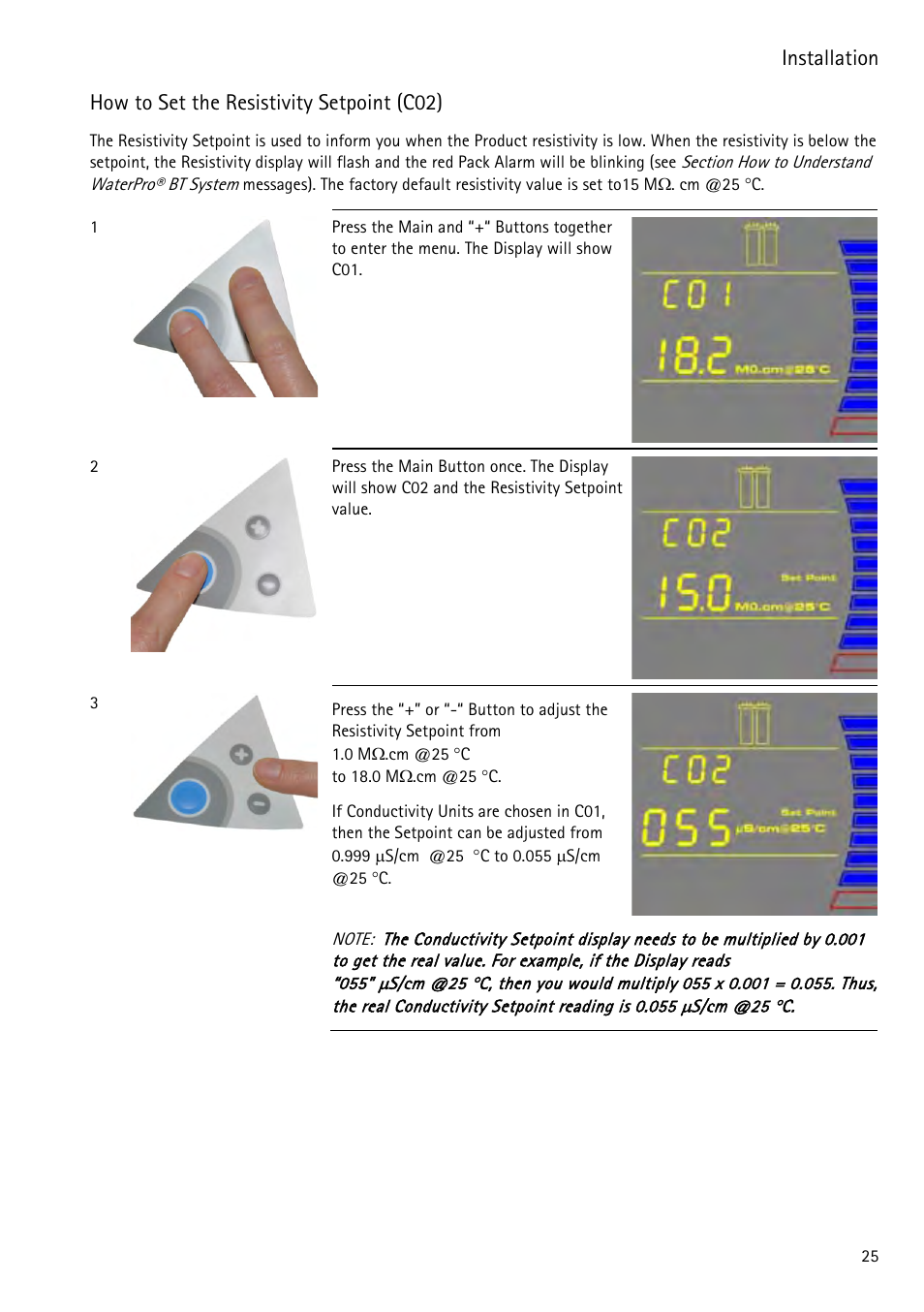 How to set the resistivity setpoint (c02) | Labconco WaterPr BT Systems 90153 Series User Manual | Page 33 / 76