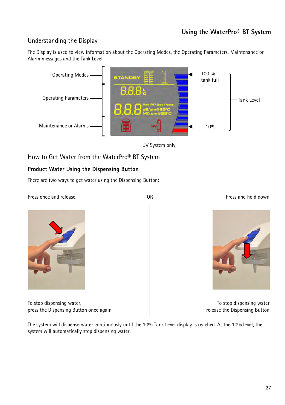 Using the waterpro® bt system, Understanding the display, How to get water from the waterpro® bt system | N understanding the display) | Labconco WaterPr BT Systems 90153 Series User Manual | Page 35 / 76