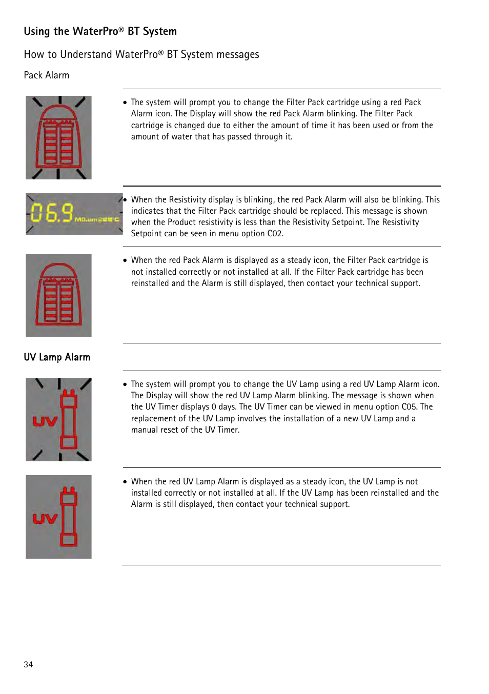 How to understand waterpro® bt system messages, On how to understand, Waterpro® bt system | Messages) | Labconco WaterPr BT Systems 90153 Series User Manual | Page 42 / 76