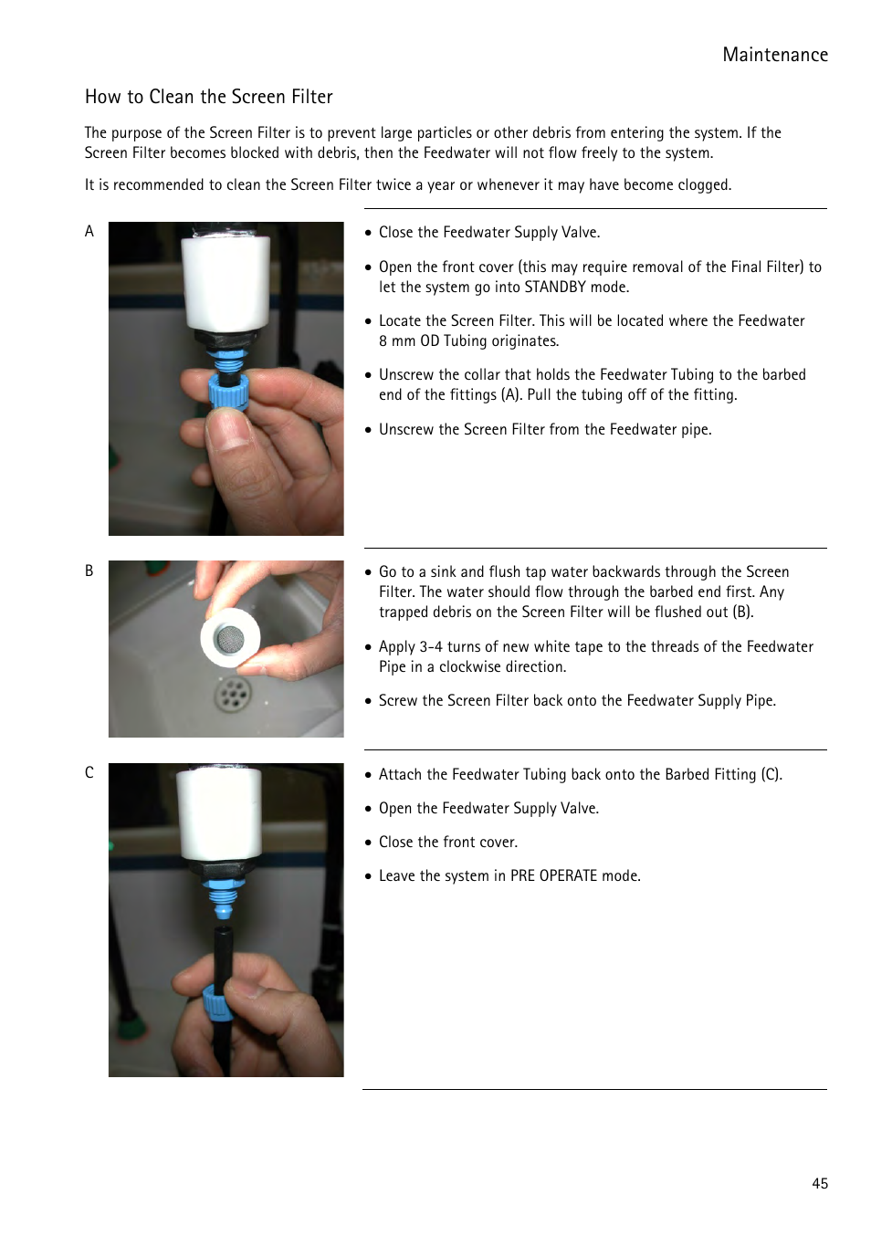 How to clean the screen filter, Maintenance | Labconco WaterPr BT Systems 90153 Series User Manual | Page 53 / 76