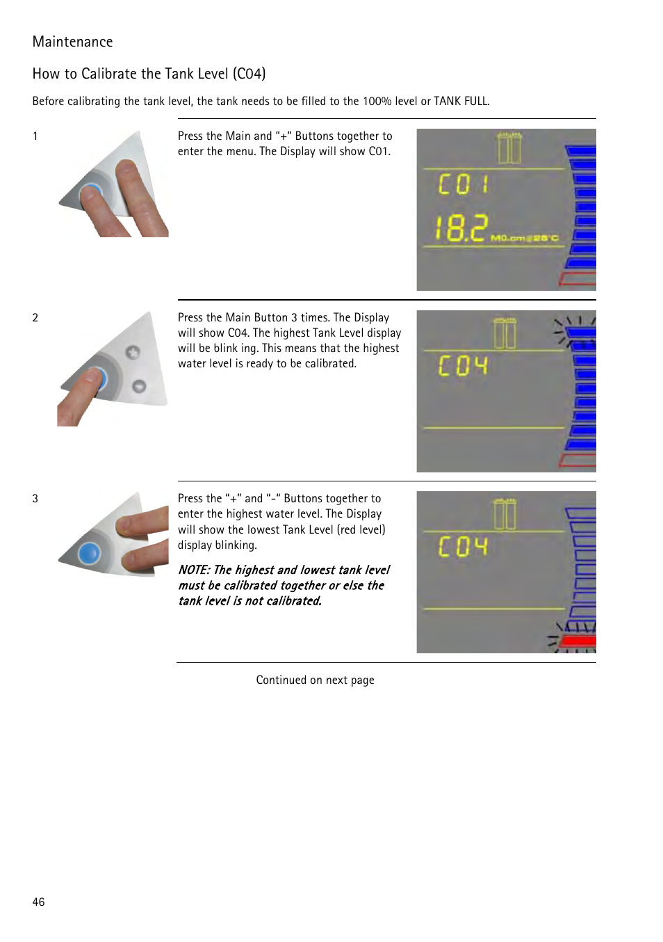 How to calibrate the tank level (c04), Ion how to calibrate the tank level (c04) | Labconco WaterPr BT Systems 90153 Series User Manual | Page 54 / 76