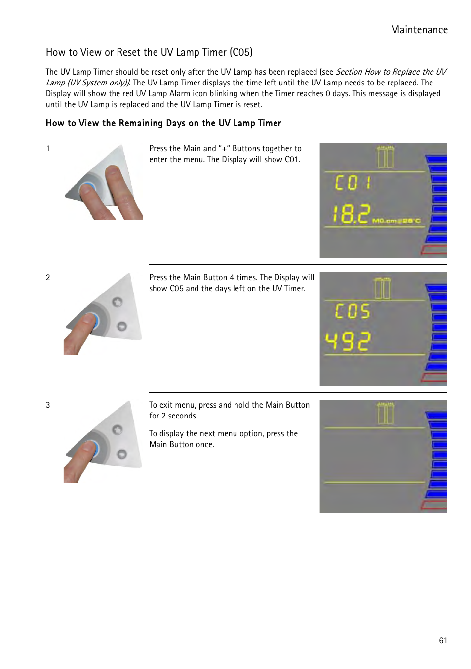 How to view or reset the uv lamp timer (c05), Nd how to view or reset the uv lamp timer (c05), Ion how to view or reset the uv lamp timer (c05) | Labconco WaterPr BT Systems 90153 Series User Manual | Page 69 / 76