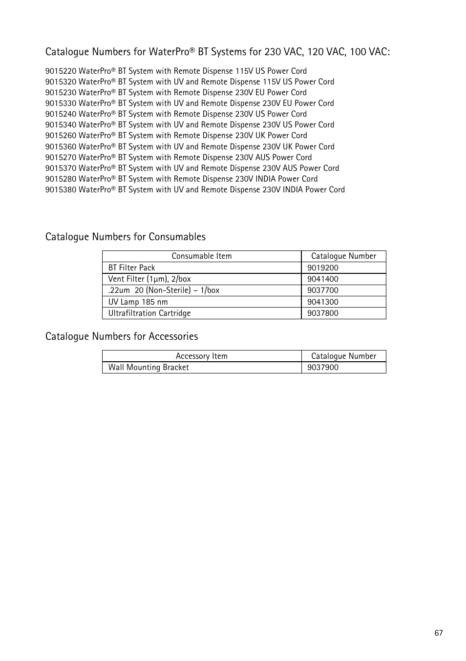 Catalogue numbers for consumables, Catalogue numbers for accessories | Labconco WaterPr BT Systems 90153 Series User Manual | Page 75 / 76