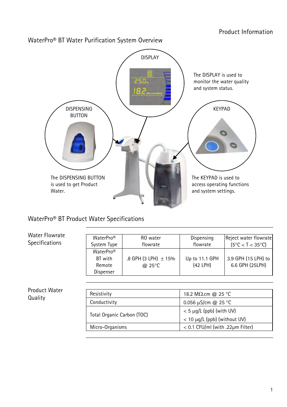 Product information, Waterpro® bt water purification system overview, Waterpro® bt product water specifications | Labconco WaterPr BT Systems 90153 Series User Manual | Page 9 / 76