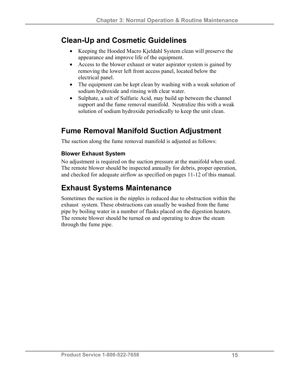 Clean-up and cosmetic guidelines, Fume removal manifold suction adjustment, Exhaust systems maintenance | Labconco Hooded Combination (Macro) Kjeldahl Systems 21178 Series User Manual | Page 19 / 27