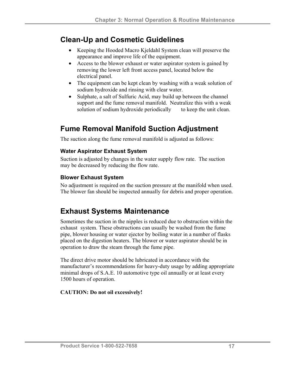 Clean-up and cosmetic guidelines, Fume removal manifold suction adjustment, Exhaust systems maintenance | Labconco Hooded Combination (Macro) Kjeldahl Systems 21179 Series User Manual | Page 20 / 29