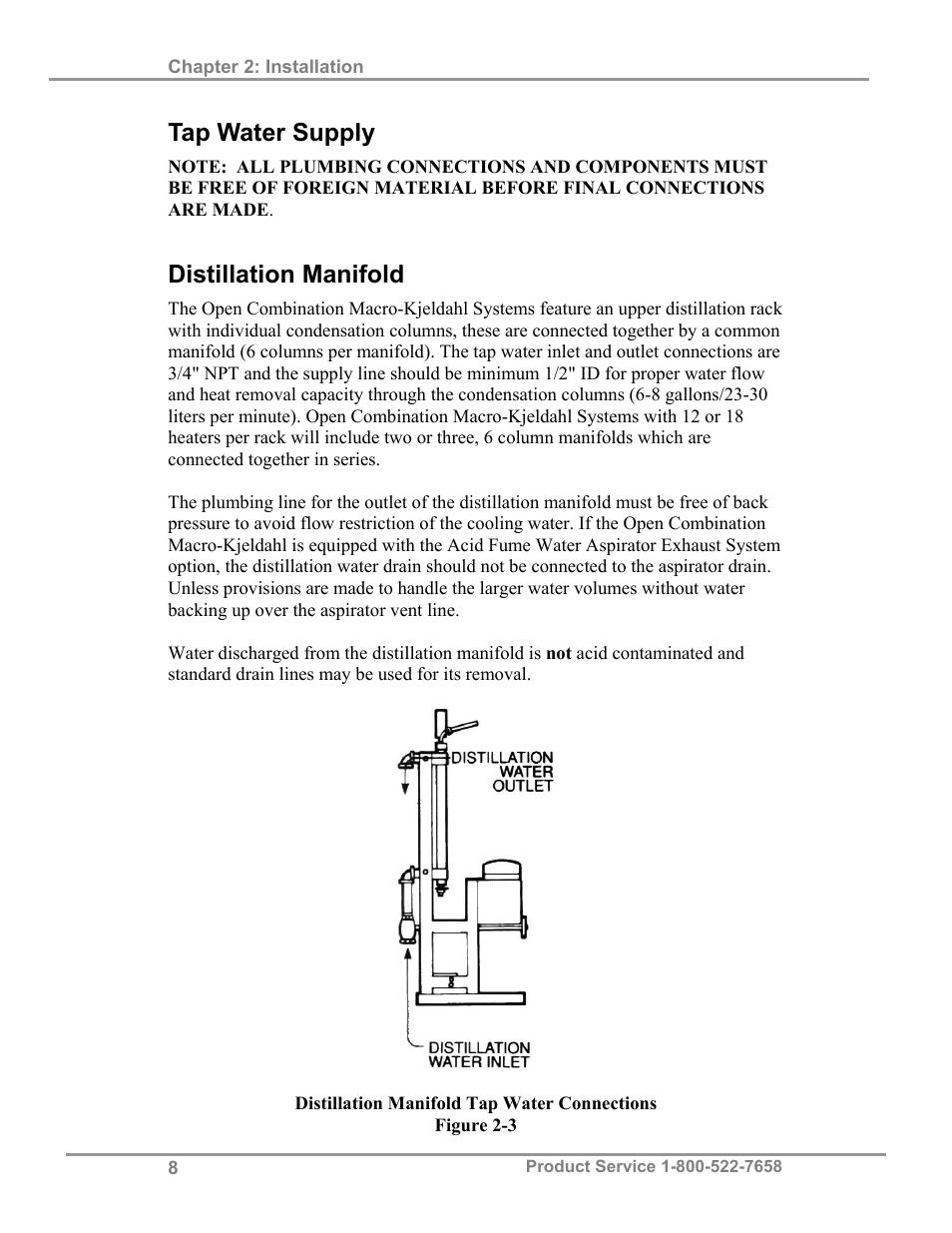 Tap water supply, Distillation manifold | Labconco Open Combination (Macro) Kjeldahl Systems 21237 Series User Manual | Page 11 / 27