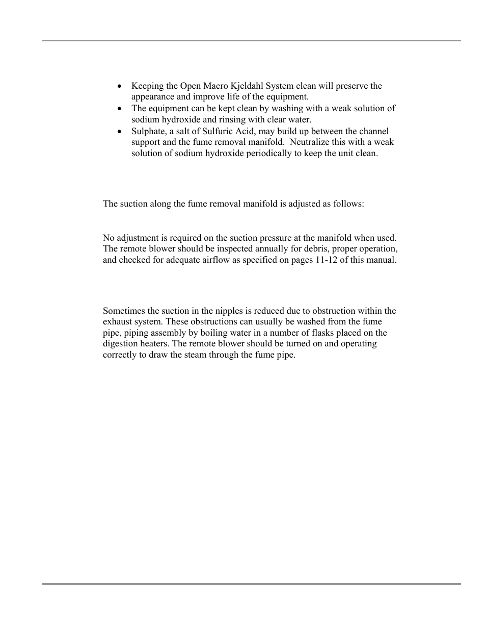 Clean-up and cosmetic guidelines, Fume removal manifold suction adjustment, Exhaust systems maintenance | Labconco Open Combination (Macro) Kjeldahl Systems 2123Series User Manual | Page 17 / 25