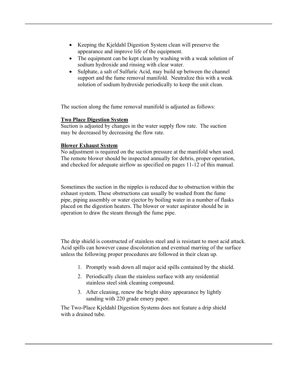 Clean-up and cosmetic guidelines, Fume removal manifold suction adjustment, Exhaust systems maintenance | Digestion drip shield | Labconco Two and Six-Place (Macro) Kjeldahl Distillation Systems 2125603 User Manual | Page 15 / 23