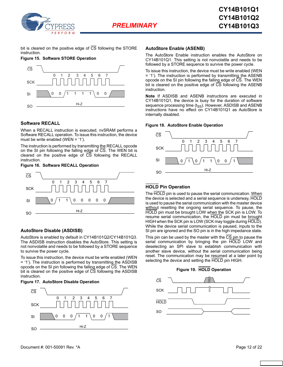 Software recall, Autostore disable (asdisb), Autostore enable (asenb) | Hold pin operation | Cypress CY14B101Q3 User Manual | Page 12 / 22