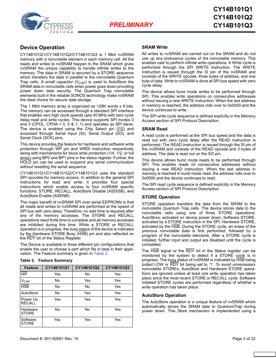 Device operation, Sram write, Sram read | Store operation, Autostore operation | Cypress CY14B101Q3 User Manual | Page 3 / 22