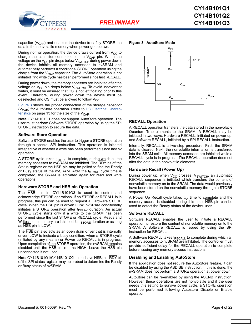 Software store operation, Hardware store and hsb pin operation, Recall operation | Hardware recall (power up), Software recall, Disabling and enabling autostore | Cypress CY14B101Q3 User Manual | Page 4 / 22