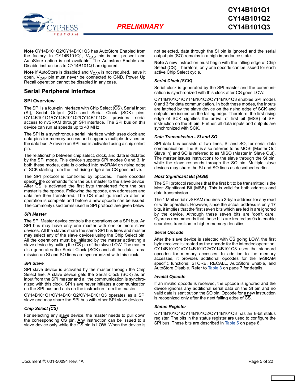 Serial peripheral interface, Spi overview, Spi master | Spi slave, Chip select (cs), Serial clock (sck), Data transmission - si and so, Most significant bit (msb), Serial opcode, Invalid opcode | Cypress CY14B101Q3 User Manual | Page 5 / 22
